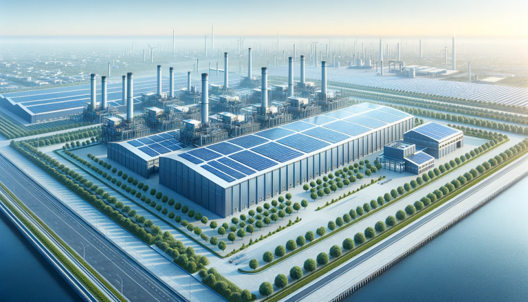 Eine moderne Industrieanlage mit Solaranlagen, umgeben von Bäumen, Windrädern und einem nahe gelegenen Wasserweg.