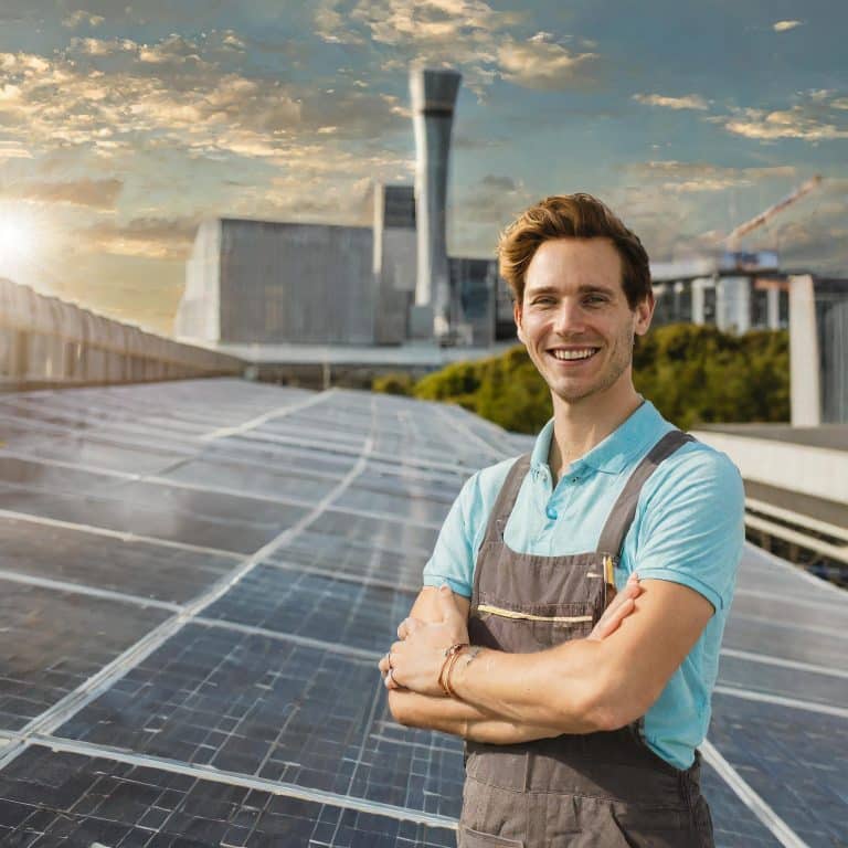 Eine lächelnde Person im Overall steht stolz vor PV-Solarmodulen, im Hintergrund eine lebendige Stadtlandschaft.