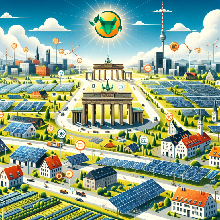 Eine lebendige Illustration einer solarbetriebenen Stadt zeigt Solaranlagen und Windturbinen, wobei digitale Symbole am Himmel innovative Energielösungen hervorheben.