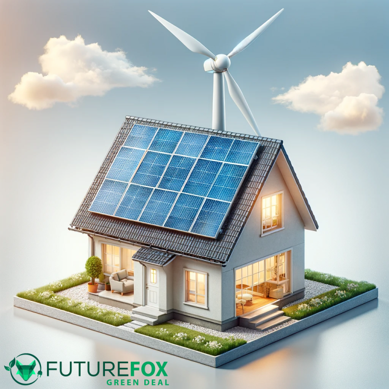 Blog 1 Umweltfreundliches Haus mit Solarmodulen (oder Photovoltaik) und Windrad, umgeben von viel Grün. Das Logo „FutureFox Green Deal“ am unteren Rand unterstreicht das Engagement für nachhaltige Energie.