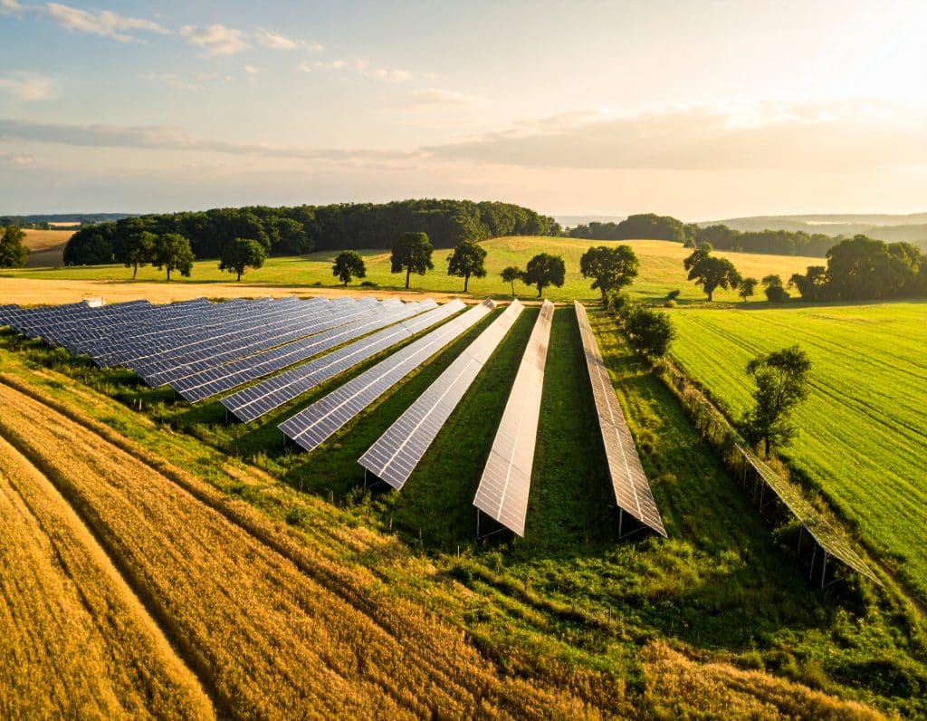 Photovoltaikfeld im Sonnenuntergang bei Ahrensburg