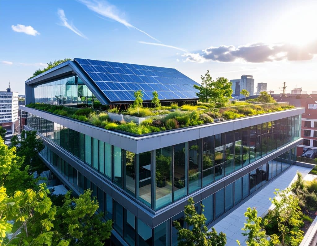 Beispiel für Bürogebäude mit Gründach und Solaranlage 2027