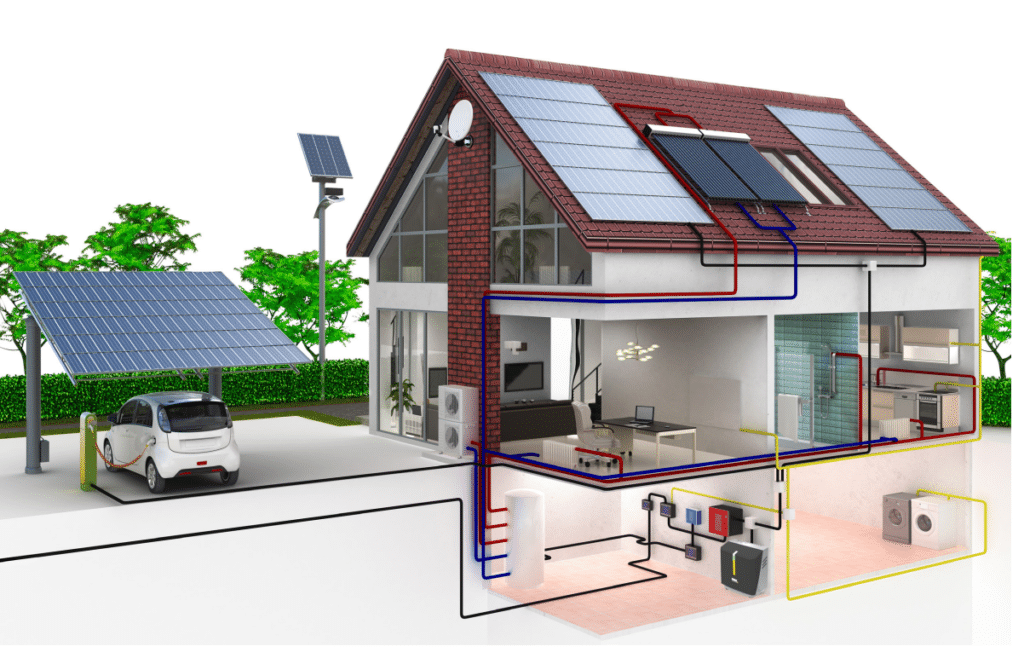 Schnittbild eines Einfamilienhauses mit Photovoltaik auf dem Dach, Haustechnik im Keller und einem Elektroauto, das unter einem Solarcarport lädt.