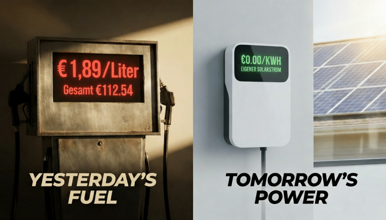 Kostenersparnis durch Solarstrom laden beim E-Auto Visualisierung mit Wallbox und Zapfsäule als Split