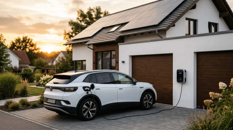 Ladeinfrastruktur E-Auto lädt an Einfamilienhaus