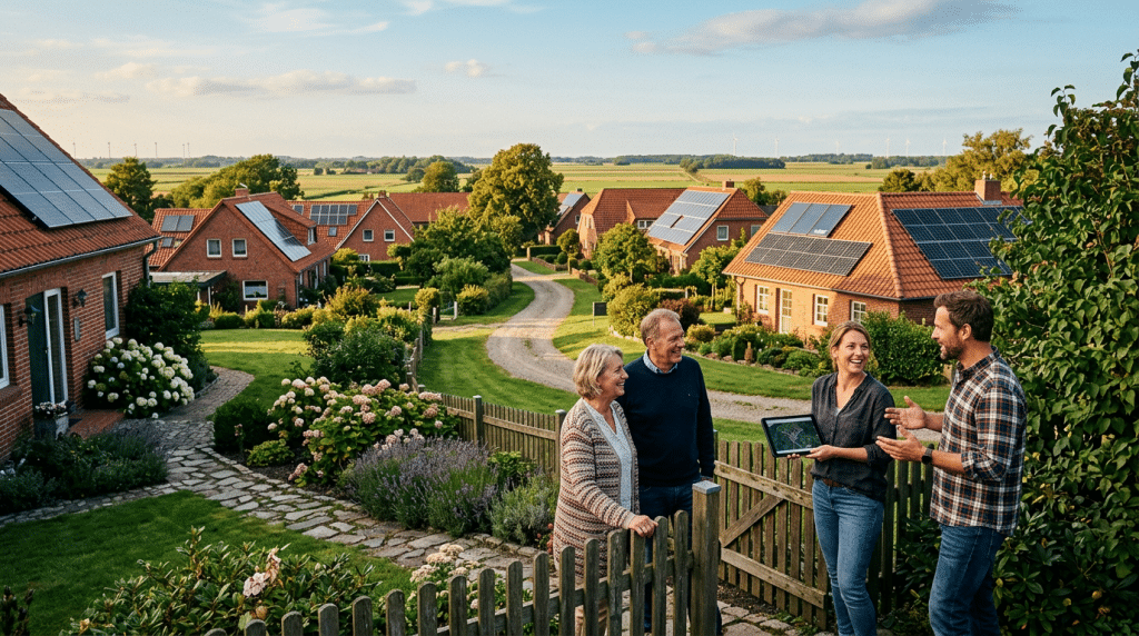 Norddeutsche Nachbarschaft mit Photovoltaikanlagen auf Backsteinhäusern – Nachbarn planen gemeinsam eine Energiegemeinschaft