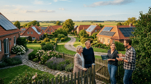 Norddeutsche Nachbarschaft mit Photovoltaikanlagen auf Backsteinhäusern – Nachbarn planen gemeinsam eine Energiegemeinschaft