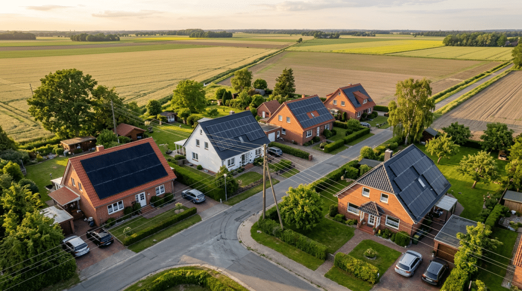 Norddeutsche Nachbarschaft mit Photovoltaikanlagen auf mehreren Häusern – Solarstrom wird über das öffentliche Netz geteilt