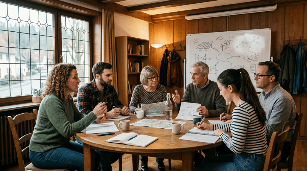 Gründungsversammlung einer Energiegenossenschaft: Teilnehmer besprechen Satzung und Geschäftsplan an einem großen Tisch