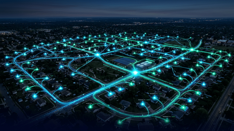 Abstrakte Netzwerk-Visualisierung von Energy Sharing, leuchtende Knotenpunkte verbinden Häuser