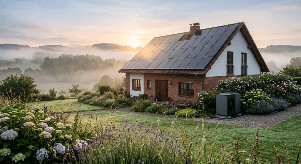 Modernes Einfamilienhaus mit Solaranlage auf dem Dach und Luft-Wärmepumpe im Garten bei Sonnenuntergang