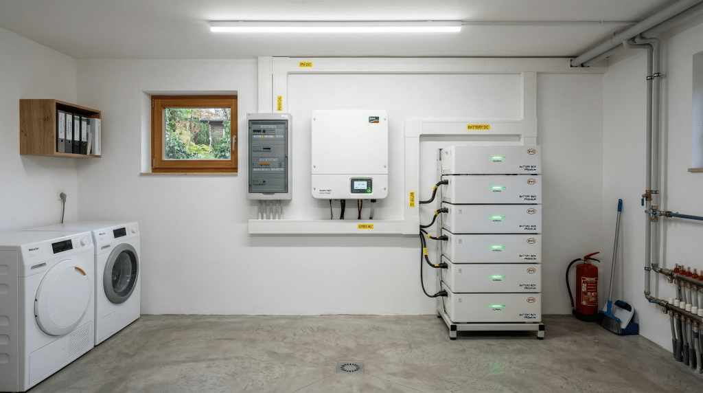 Professionell installierter Hybrid-Wechselrichter und Batteriespeicher für Notstrom und Ersatzstrom in einem modernen Hauswirtschaftsraum
