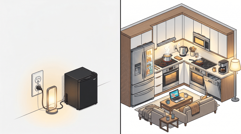 Vergleich Notstrom und Ersatzstrom bei Photovoltaik: Links einzelne Notstromsteckdose mit Kühlschrank, rechts vollständig beleuchtetes Hausnetz