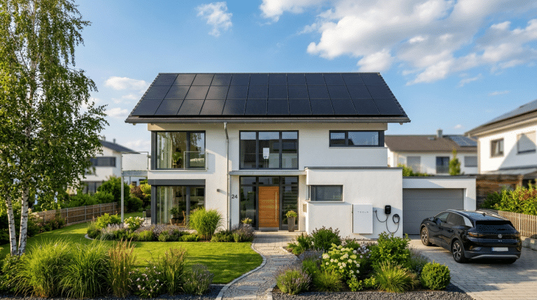 Einfamilienhaus mit Solaranlage auf dem Dach, Batteriespeicher an der Hauswand, blauer Himmel