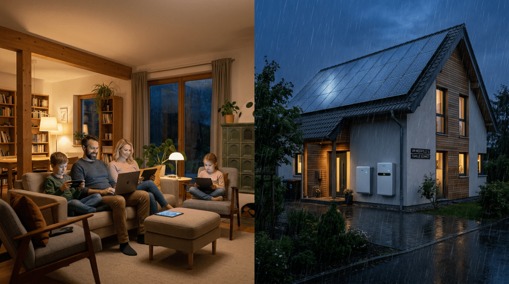 Wärmepumpe neben Einfamilienhaus mit Photovoltaik-Anlage auf dem Dach im Winter, Notstromversorgung durch Solarstrom und Speicher