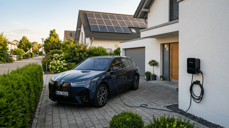 E-Auto an Wallbox in privater Einfahrt, Ladekabel verbunden, Solaranlage auf dem Dach dahinter