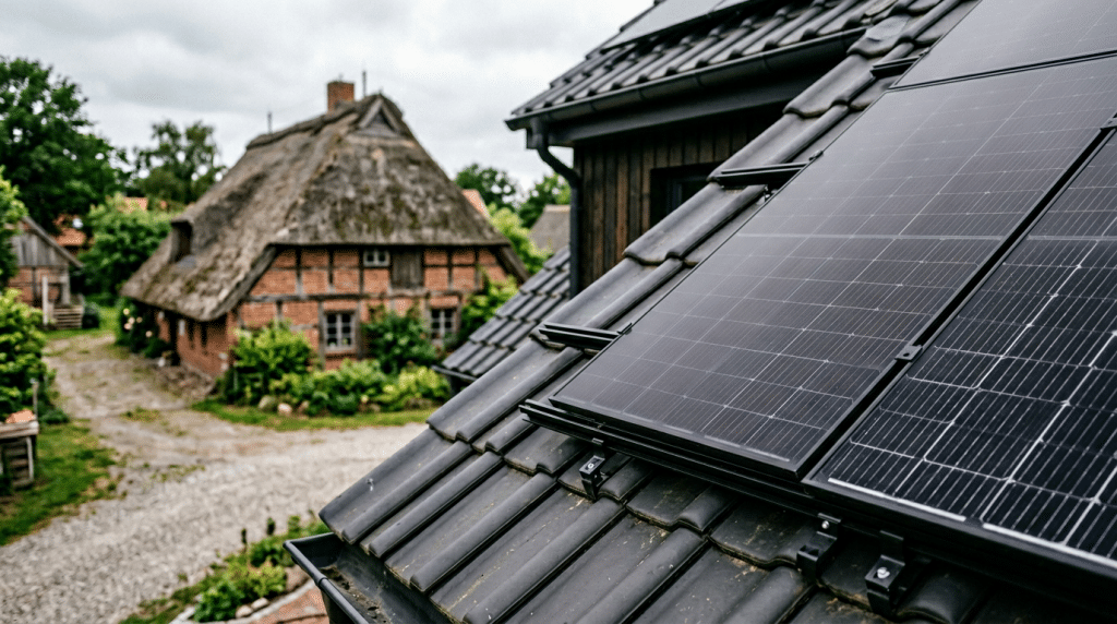 Moderne Solarmodule auf Hausdach — Reetdächer sind von der Solarpflicht Niedersachsen ausgenommen