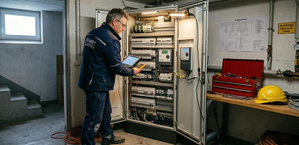 Elektrofachkraft plant Wallbox-Installation im Technikraum eines Mehrfamilienhauses