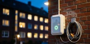 Wallbox an der Klinker-Fassade eines Mehrfamilienhauses bei Abendlicht — neue Bundesförderung 2026