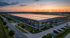 Industriedach mit Photovoltaik-Anlage in Norddeutschland — Symbolbild für Industriestrompreis-Alternative