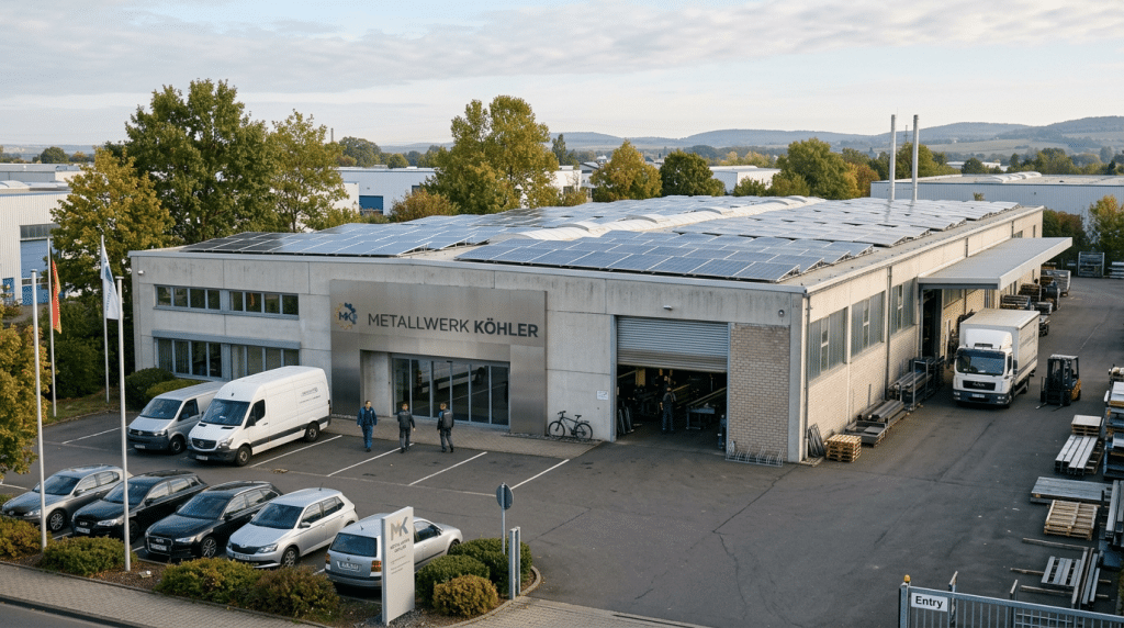 Außenansicht eines norddeutschen Metallverarbeitungsbetriebs mit PV-Anlage auf dem Hallendach