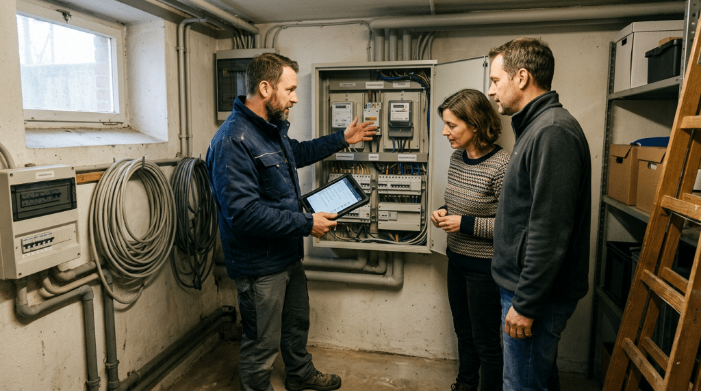 Elektriker erklärt zwei Hauseigentümern den Zählerschrank vor dem Einbau eines intelligenten Messsystems