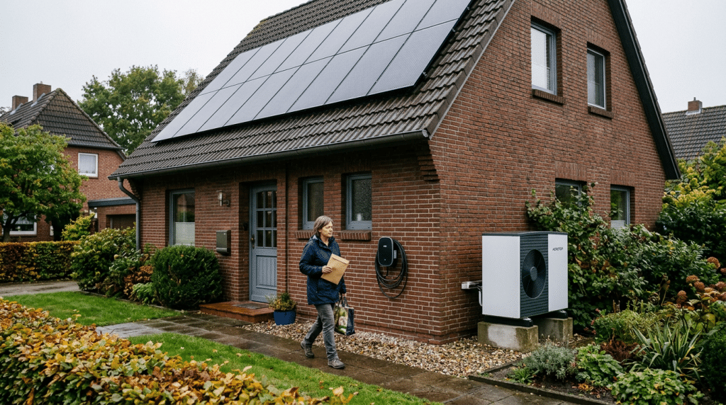 Norddeutsches Einfamilienhaus mit Photovoltaikanlage, Wallbox und Wärmepumpe — Bewohnerin geht mit Brief zum Hauseingang