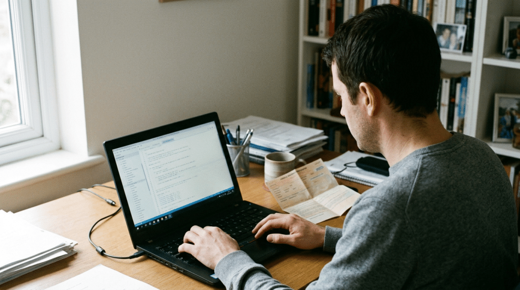 Blick über die Schulter einer Person, die am Laptop die THG-Prämie beantragt