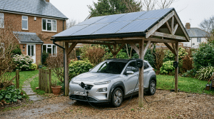 Einfamilienhaus mit Solardach und ladendem Elektroauto in der Einfahrt