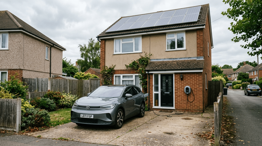 Elektroauto lädt an der Wallbox vor einem Einfamilienhaus mit Photovoltaikanlage auf dem Dach