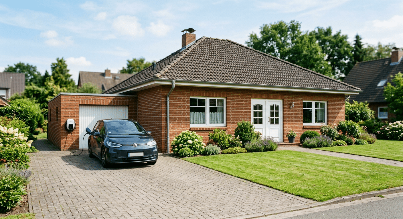 Norddeutsches Klinker-Einfamilienhaus an einem hellen Tag mit kompaktem E-Auto in der Einfahrt, das an einer Wallbox an der Garagenwand lädt