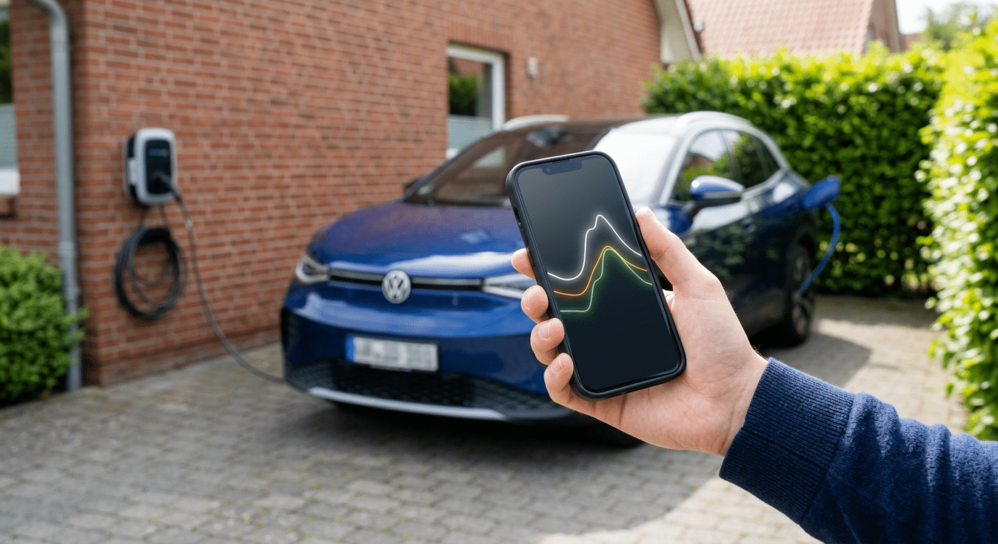 Hand hält ein Smartphone mit einer abstrakten 24-Stunden-Strompreis-Kurve, im hellen Hintergrund unscharf ein ladendes E-Auto an der heimischen Wallbox vor Klinkerwand