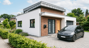 Schlanke Wallbox an der hellen Fassade eines modernen norddeutschen Einfamilienhauses lädt ein kompaktes E-Auto in der Einfahrt bei klarem Tageslicht