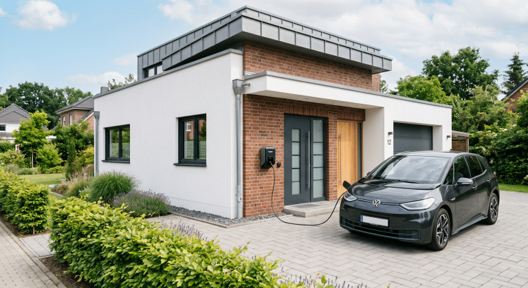 Schlanke Wallbox an der hellen Fassade eines modernen norddeutschen Einfamilienhauses lädt ein kompaktes E-Auto in der Einfahrt bei klarem Tageslicht