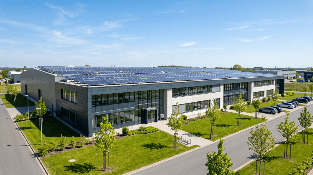 Werkshalle mit großer Photovoltaik-Anlage auf dem Dach für hohen Eigenverbrauch