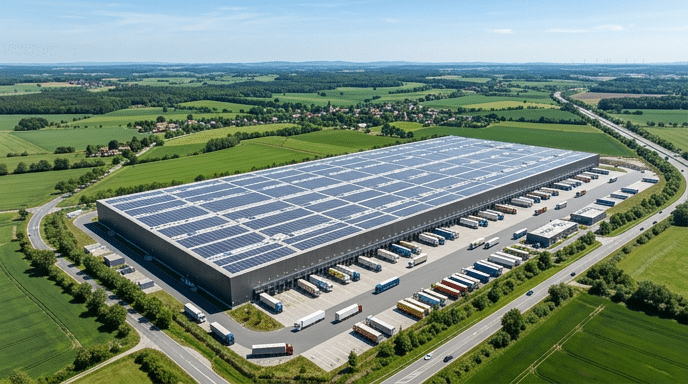 Gewerbespeicher für Logistik und Industrie mit großen Hallendächern und Ladeinfrastruktur