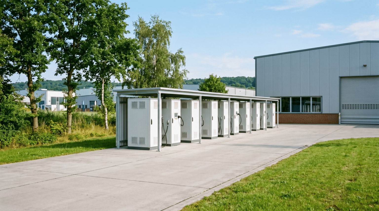Großer Batteriespeicher-Schrank an der Außenwand einer norddeutschen Gewerbehalle bei hellem Tageslicht zur Lastspitzenkappung