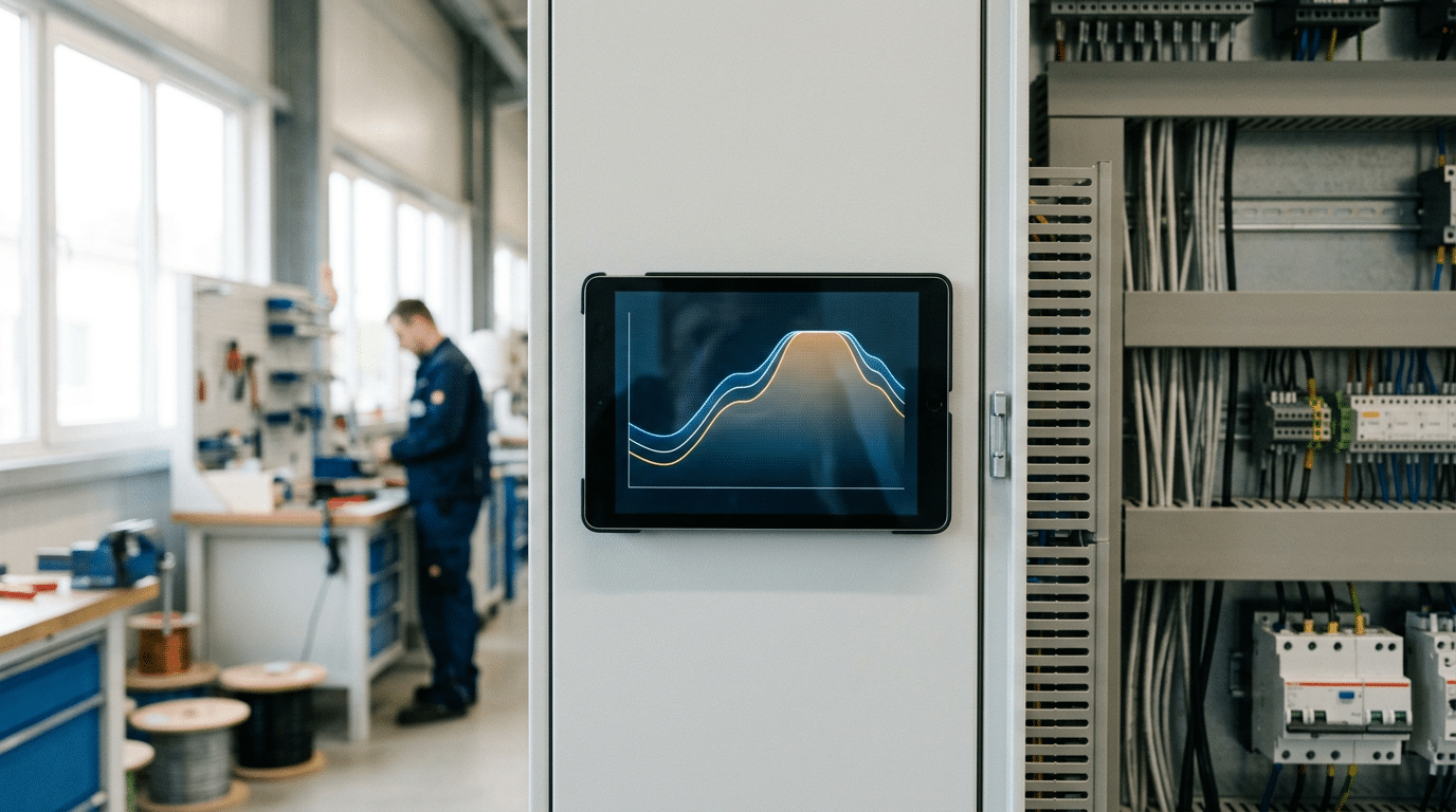 Monitor in einem hellen Technikraum zeigt eine abstrakte Lastkurve über 24 Stunden mit gekappter Lastspitze