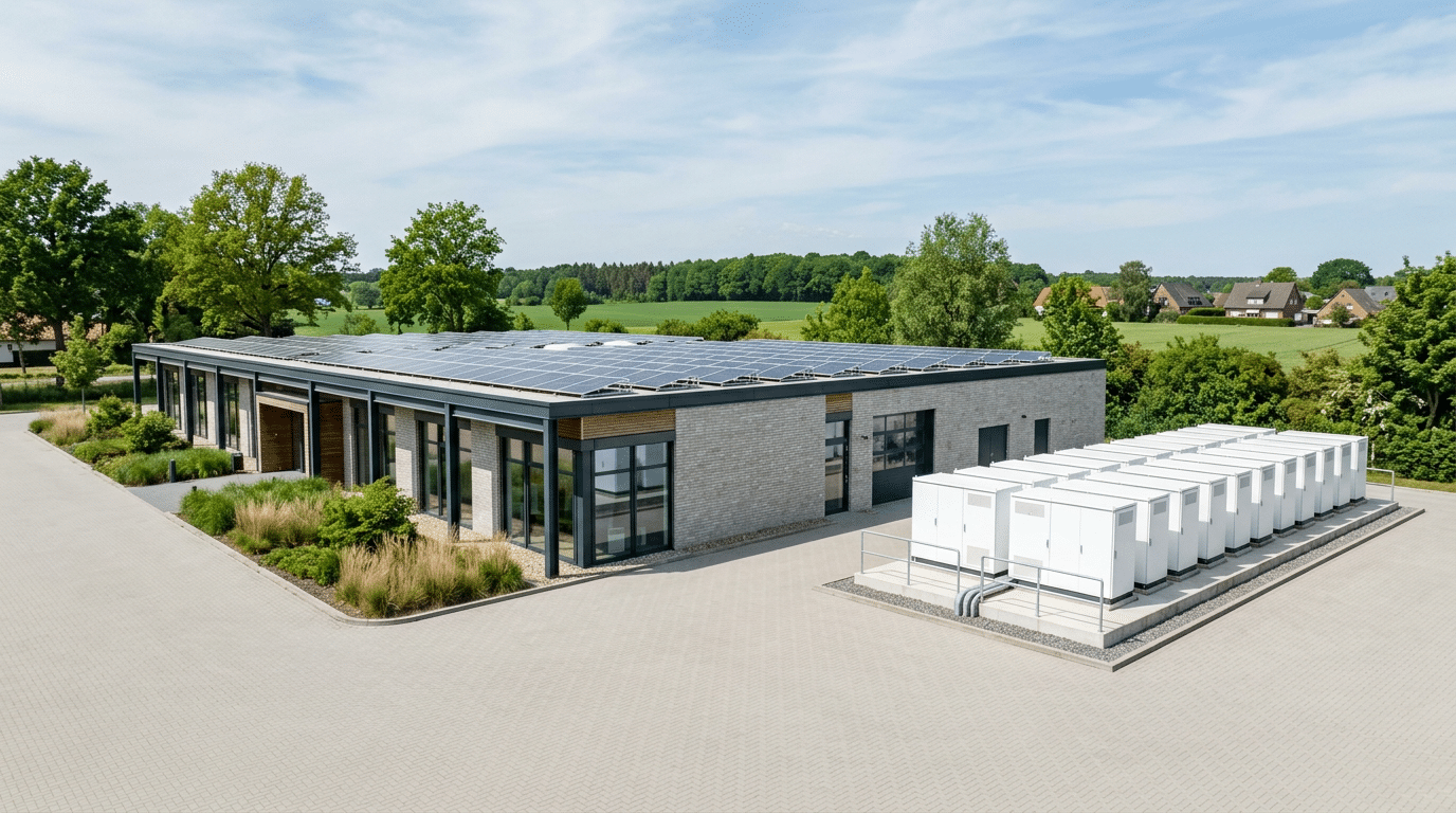Batteriespeicher neben einem Produktionsbetrieb mit Photovoltaik auf dem Hallendach bei hellem Tageslicht