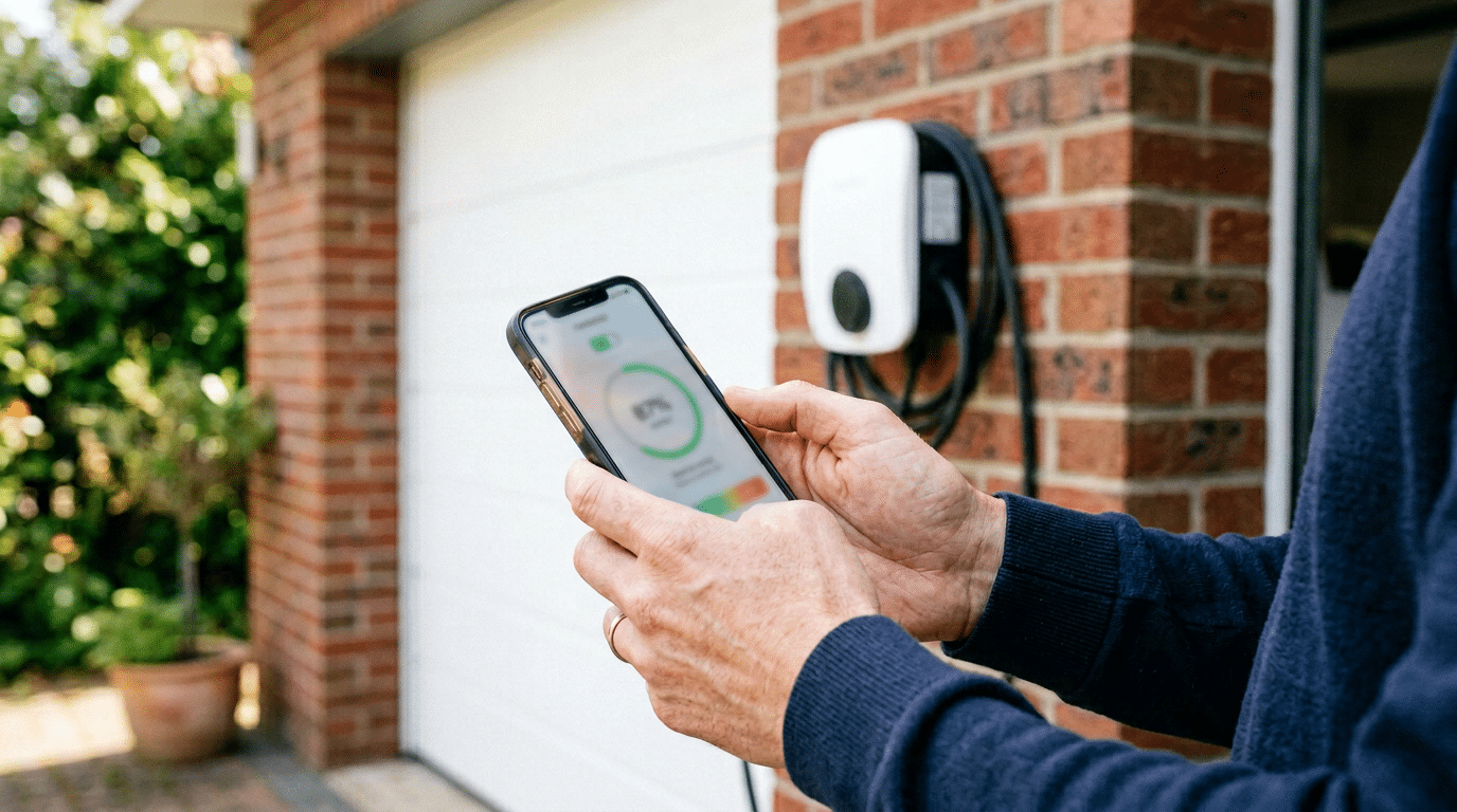 Hände konfigurieren die Wallbox-App vor einer weißen Wallbox an einer Klinkerwand