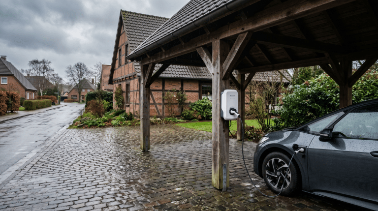 Elektroinstallateur montiert weiße Wallbox an der Backsteinwand eines norddeutschen Reihenhauses