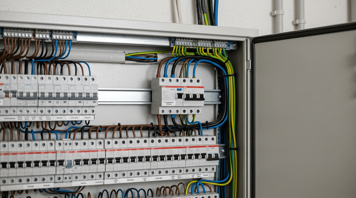 Geöffneter moderner Zählerschrank mit frisch installiertem Wallbox-Anschlusskabel