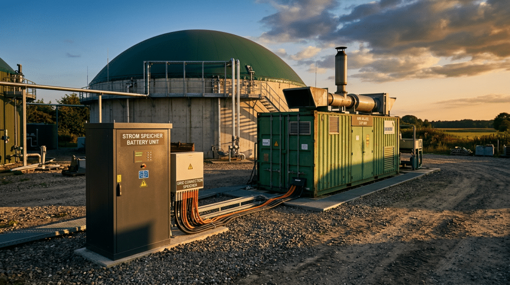 Batteriespeicher neben dem Blockheizkraftwerk einer Biogasanlage zum Puffern des erzeugten Stroms