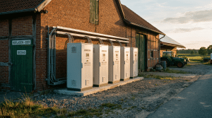 Batteriespeicher für die Landwirtschaft an einer norddeutschen Hofstelle im warmen Abendlicht