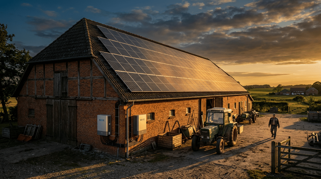 Hof-PV auf einem Stalldach mit Batteriespeicher für hohen Eigenverbrauch