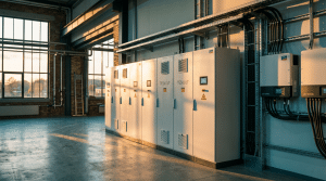 Gewerbe-Batteriespeicher mit Wechselrichtern im hellen Technikraum eines norddeutschen Betriebs im warmen Abendlicht
