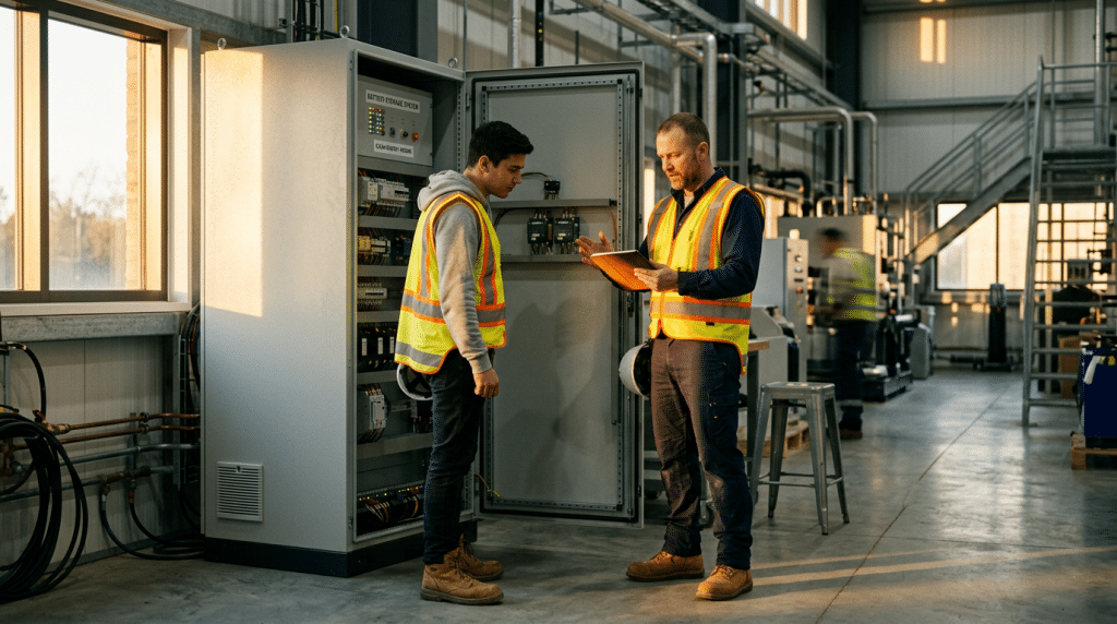 Zwei Techniker planen an einem Gewerbespeicher mit Tablet, warmes Abendlicht