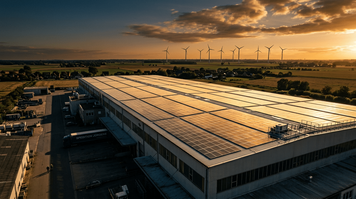 roße Dach-PV auf einer norddeutschen Gewerbehalle mit Windrädern im Hintergrund im goldenen Abendlicht