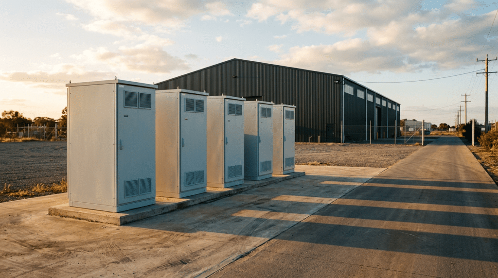 Freistehende Batteriespeicher-Schränke stehen mit Abstand zur Betriebshalle auf einer befestigten Fläche eines Gewerbegrundstücks.