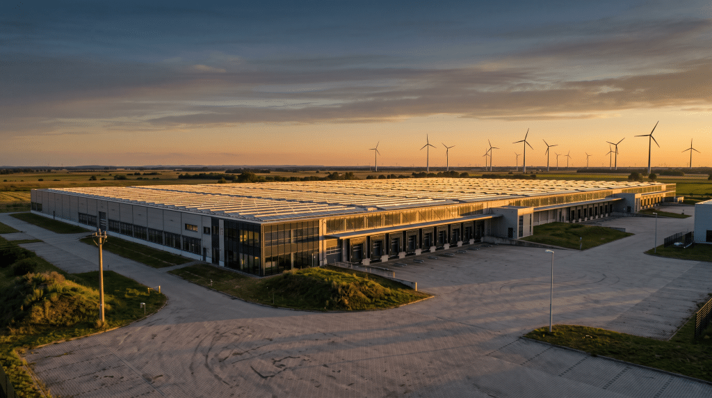 Norddeutsche Gewerbehalle mit vollflächiger Dach-Photovoltaik und Windrädern am flachen Horizont im goldenen Abendlicht